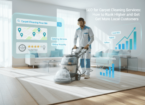 Realistic, high-quality image of a professional carpet cleaning technician in a clean uniform using a carpet cleaning machine inside a bright residential living room. The carpet looks freshly cleaned with visible texture and neat lines. Around the technician, add glowing holographic glassmorphism overlays showing SEO and local marketing visuals — a Google search bar reading “Carpet Cleaning Near Me,” Google Maps location pins, 5-star review icons, keyword tags like “Local SEO” and “Carpet Cleaning Services,” and upward-trending analytics charts representing increased traffic and calls. Use a clean, fresh color palette with whites, soft blues, and subtle greens to convey cleanliness and trust. Integrate the headline “SEO for Carpet Cleaning Services: How to Rank Higher and Get More Local Customers” in bold, clean white typography near the top or upper-right area. Cinematic lighting, ultra-realistic 16:9 composition, professional marketing-tech aesthetic blending real-world service work with digital SEO growth visuals.
